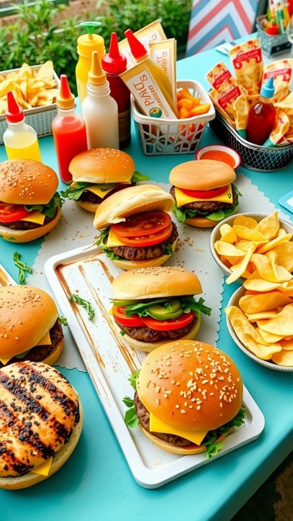 A vibrant burger bar with grilled patties, buns, toppings, and condiments ready for guests to create their own burgers.